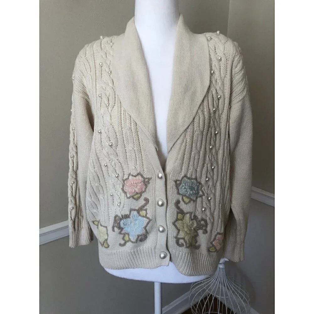 Vintage Chaus Petite Size Small Cream Cable Knit Sweater Beaded Embroidered